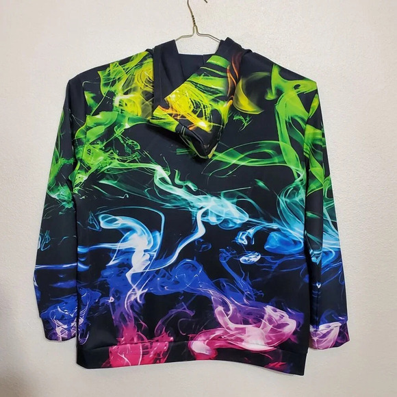 Neon Smoke Smog Print Pullover Hoodie 4XL unisex front pouch pocket psychedelic - Picture 2 of 10